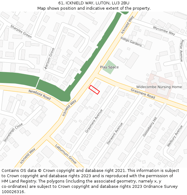 61, ICKNIELD WAY, LUTON, LU3 2BU: Location map and indicative extent of plot