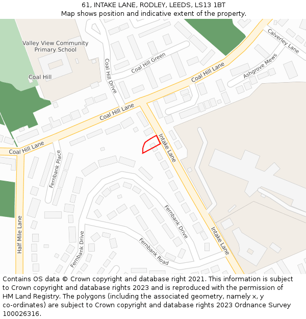 61, INTAKE LANE, RODLEY, LEEDS, LS13 1BT: Location map and indicative extent of plot