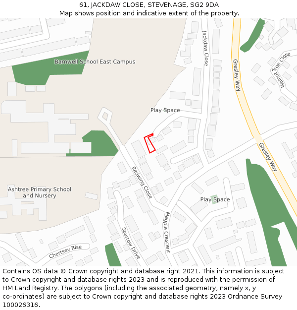 61, JACKDAW CLOSE, STEVENAGE, SG2 9DA: Location map and indicative extent of plot