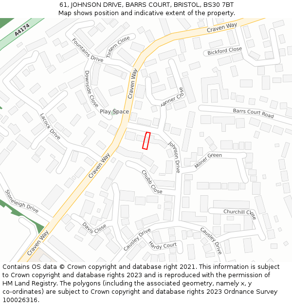 61, JOHNSON DRIVE, BARRS COURT, BRISTOL, BS30 7BT: Location map and indicative extent of plot