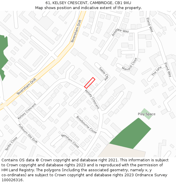 61, KELSEY CRESCENT, CAMBRIDGE, CB1 9XU: Location map and indicative extent of plot