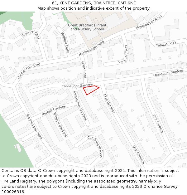61, KENT GARDENS, BRAINTREE, CM7 9NE: Location map and indicative extent of plot