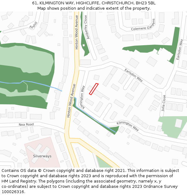 61, KILMINGTON WAY, HIGHCLIFFE, CHRISTCHURCH, BH23 5BL: Location map and indicative extent of plot