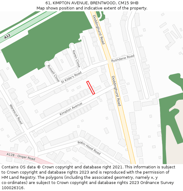 61, KIMPTON AVENUE, BRENTWOOD, CM15 9HB: Location map and indicative extent of plot