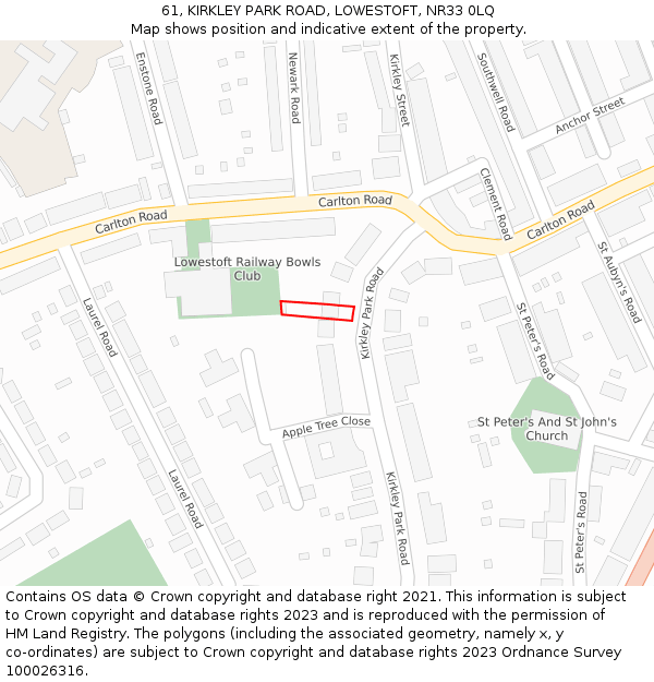 61, KIRKLEY PARK ROAD, LOWESTOFT, NR33 0LQ: Location map and indicative extent of plot