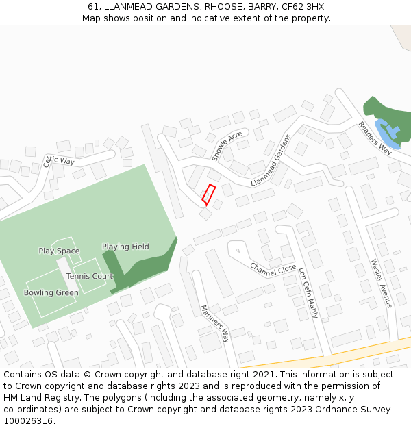 61, LLANMEAD GARDENS, RHOOSE, BARRY, CF62 3HX: Location map and indicative extent of plot