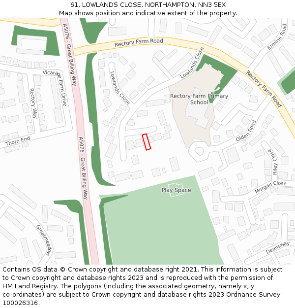61, LOWLANDS CLOSE, NORTHAMPTON, NN3 5EX: Location map and indicative extent of plot