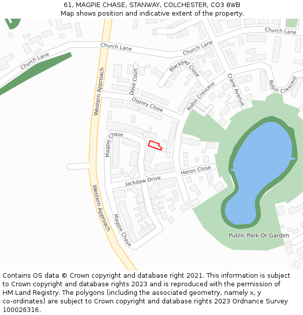 61, MAGPIE CHASE, STANWAY, COLCHESTER, CO3 8WB: Location map and indicative extent of plot