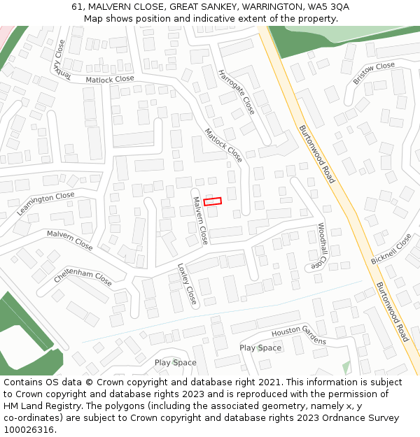 61, MALVERN CLOSE, GREAT SANKEY, WARRINGTON, WA5 3QA: Location map and indicative extent of plot