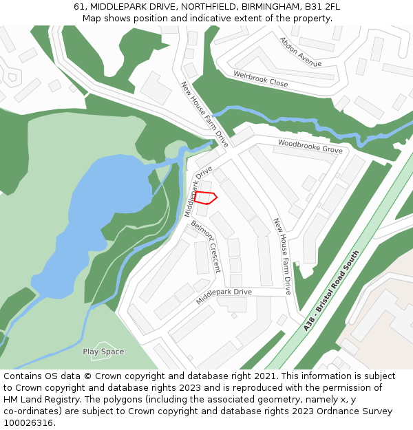 61, MIDDLEPARK DRIVE, NORTHFIELD, BIRMINGHAM, B31 2FL: Location map and indicative extent of plot
