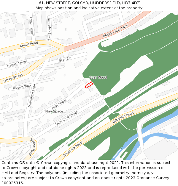 61, NEW STREET, GOLCAR, HUDDERSFIELD, HD7 4DZ: Location map and indicative extent of plot
