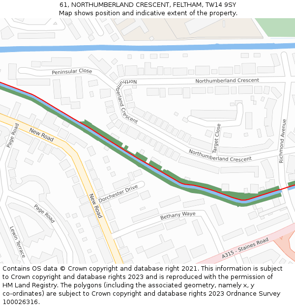61, NORTHUMBERLAND CRESCENT, FELTHAM, TW14 9SY: Location map and indicative extent of plot