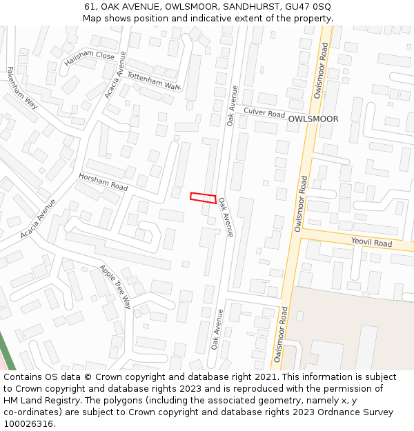 61, OAK AVENUE, OWLSMOOR, SANDHURST, GU47 0SQ: Location map and indicative extent of plot