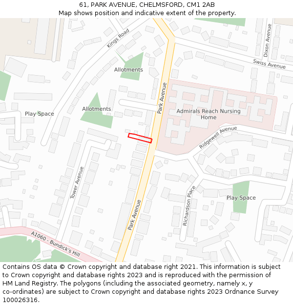 61, PARK AVENUE, CHELMSFORD, CM1 2AB: Location map and indicative extent of plot