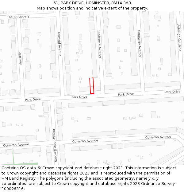 61, PARK DRIVE, UPMINSTER, RM14 3AR: Location map and indicative extent of plot
