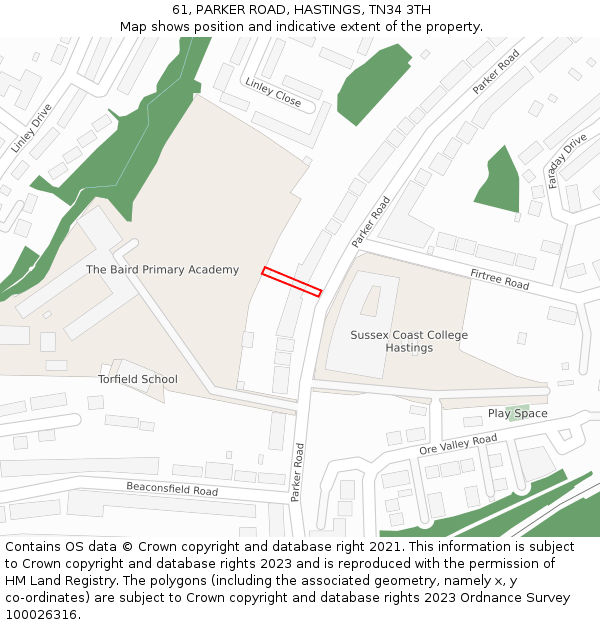 61, PARKER ROAD, HASTINGS, TN34 3TH: Location map and indicative extent of plot