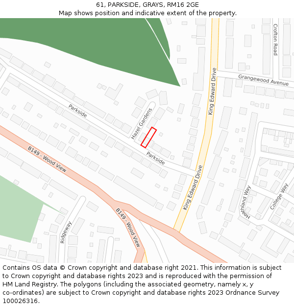 61, PARKSIDE, GRAYS, RM16 2GE: Location map and indicative extent of plot