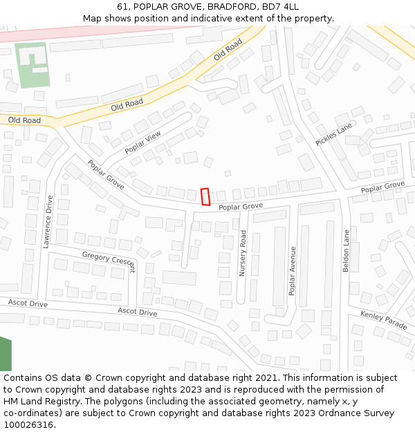 61, POPLAR GROVE, BRADFORD, BD7 4LL: Location map and indicative extent of plot