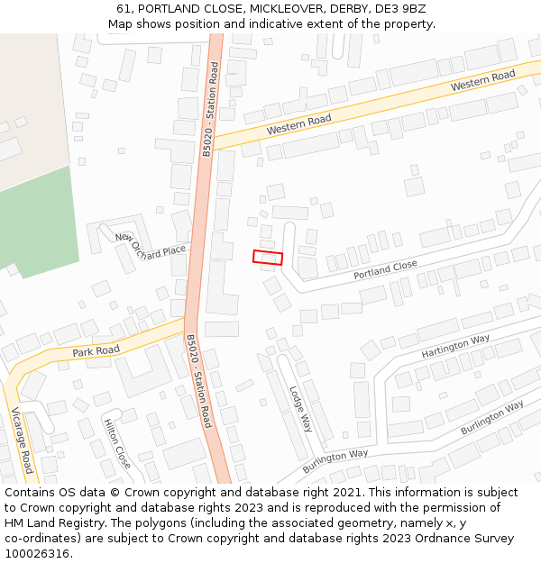 61, PORTLAND CLOSE, MICKLEOVER, DERBY, DE3 9BZ: Location map and indicative extent of plot