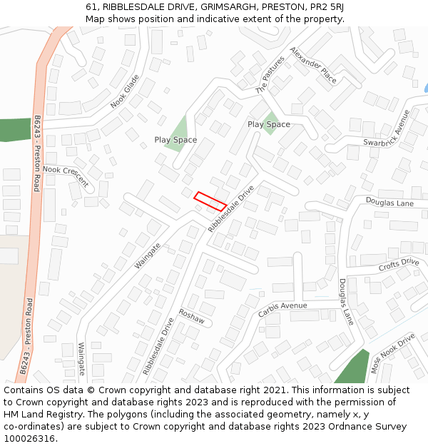 61, RIBBLESDALE DRIVE, GRIMSARGH, PRESTON, PR2 5RJ: Location map and indicative extent of plot