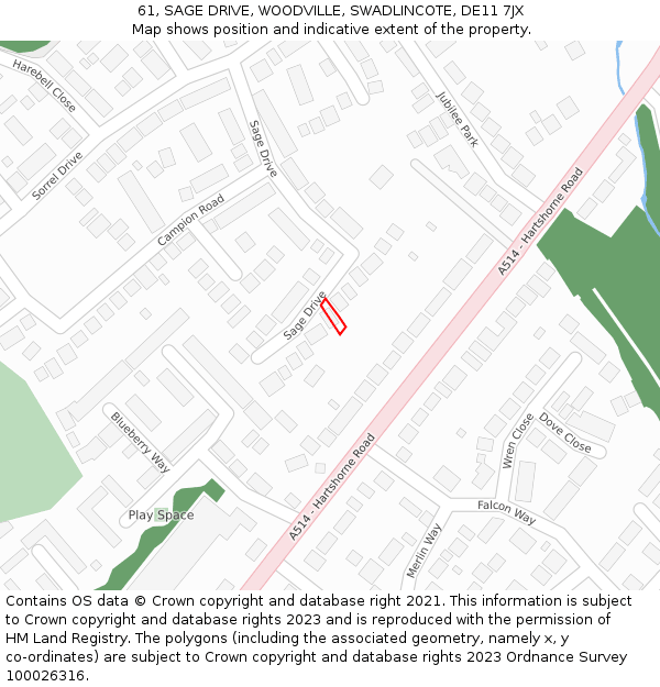 61, SAGE DRIVE, WOODVILLE, SWADLINCOTE, DE11 7JX: Location map and indicative extent of plot