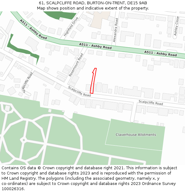 61, SCALPCLIFFE ROAD, BURTON-ON-TRENT, DE15 9AB: Location map and indicative extent of plot