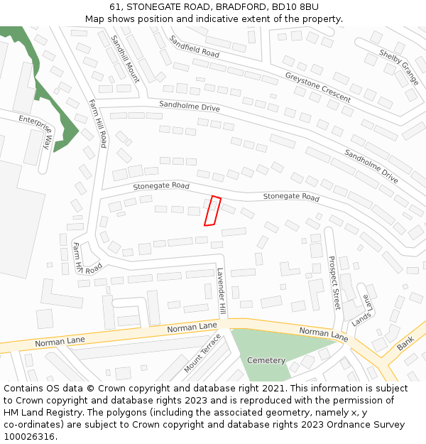 61, STONEGATE ROAD, BRADFORD, BD10 8BU: Location map and indicative extent of plot
