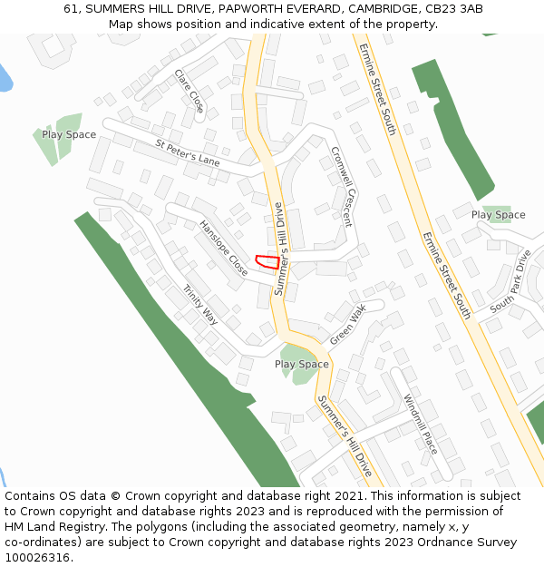 61, SUMMERS HILL DRIVE, PAPWORTH EVERARD, CAMBRIDGE, CB23 3AB: Location map and indicative extent of plot