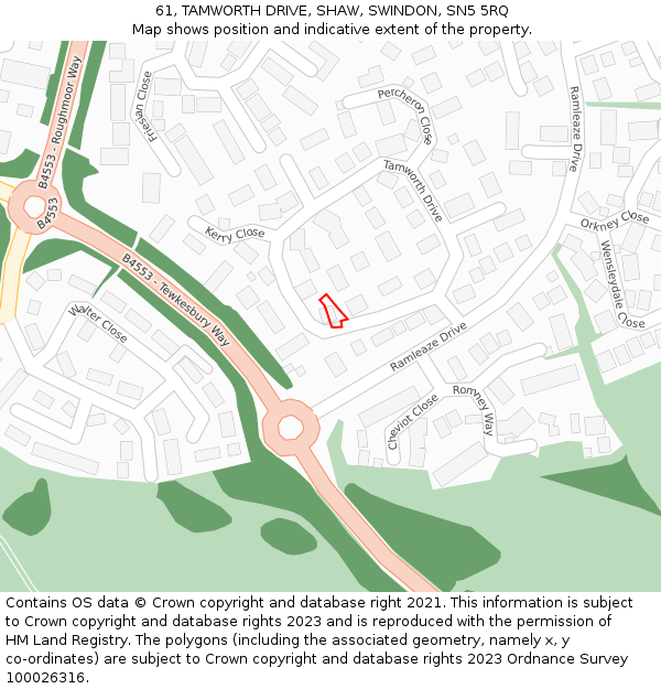 61, TAMWORTH DRIVE, SHAW, SWINDON, SN5 5RQ: Location map and indicative extent of plot