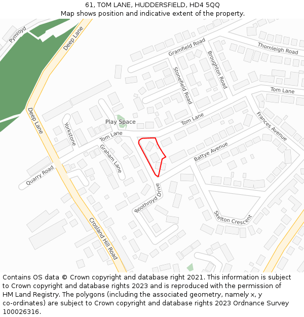 61, TOM LANE, HUDDERSFIELD, HD4 5QQ: Location map and indicative extent of plot