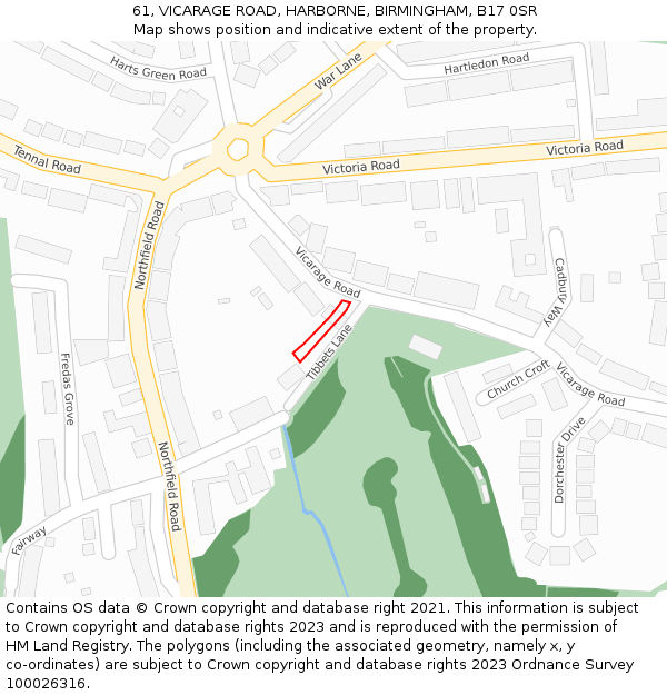 61, VICARAGE ROAD, HARBORNE, BIRMINGHAM, B17 0SR: Location map and indicative extent of plot