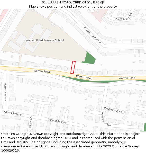 61, WARREN ROAD, ORPINGTON, BR6 6JF: Location map and indicative extent of plot