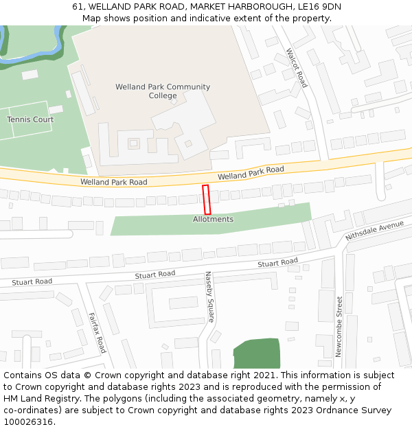 61, WELLAND PARK ROAD, MARKET HARBOROUGH, LE16 9DN: Location map and indicative extent of plot