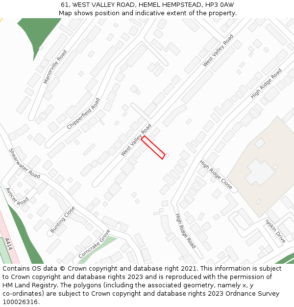 61, WEST VALLEY ROAD, HEMEL HEMPSTEAD, HP3 0AW: Location map and indicative extent of plot