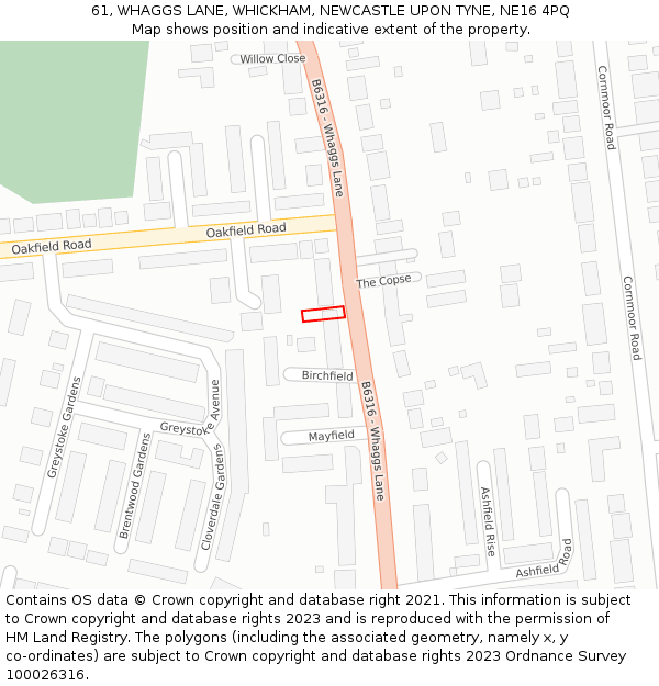 61, WHAGGS LANE, WHICKHAM, NEWCASTLE UPON TYNE, NE16 4PQ: Location map and indicative extent of plot