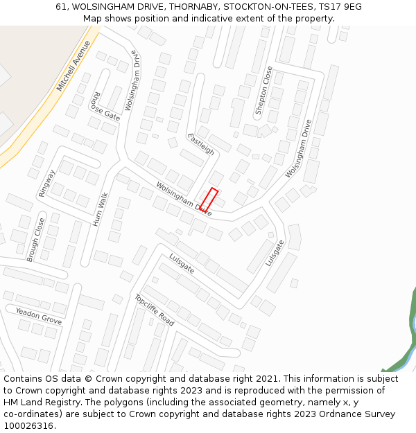 61, WOLSINGHAM DRIVE, THORNABY, STOCKTON-ON-TEES, TS17 9EG: Location map and indicative extent of plot