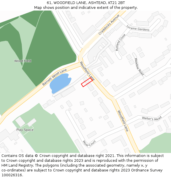 61, WOODFIELD LANE, ASHTEAD, KT21 2BT: Location map and indicative extent of plot