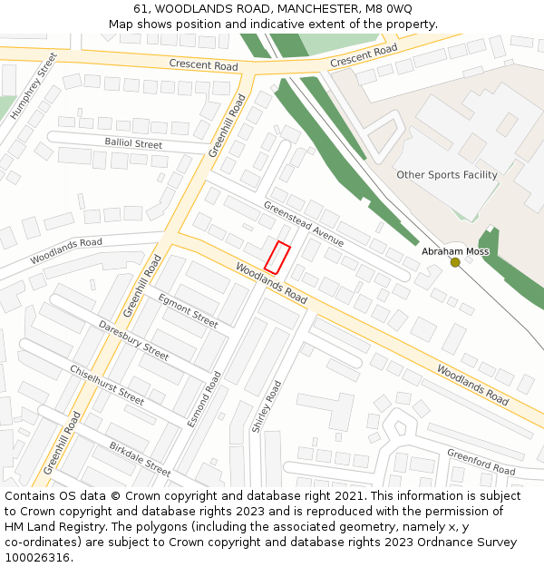 61, WOODLANDS ROAD, MANCHESTER, M8 0WQ: Location map and indicative extent of plot
