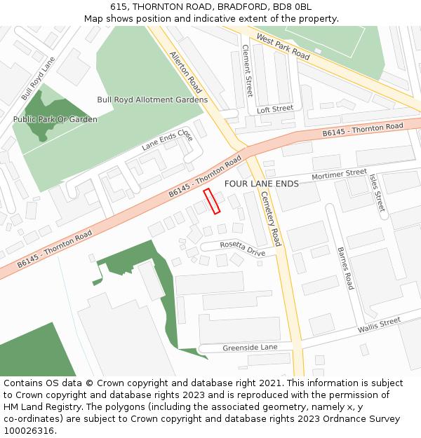 615, THORNTON ROAD, BRADFORD, BD8 0BL: Location map and indicative extent of plot