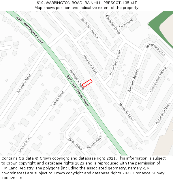 619, WARRINGTON ROAD, RAINHILL, PRESCOT, L35 4LT: Location map and indicative extent of plot
