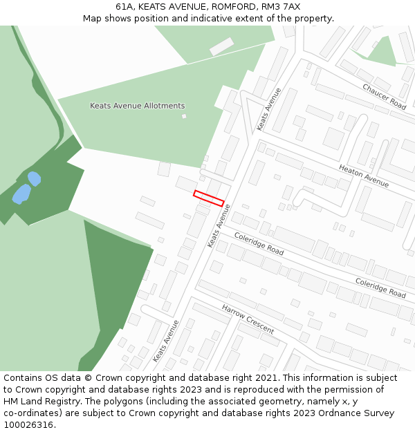 61A, KEATS AVENUE, ROMFORD, RM3 7AX: Location map and indicative extent of plot