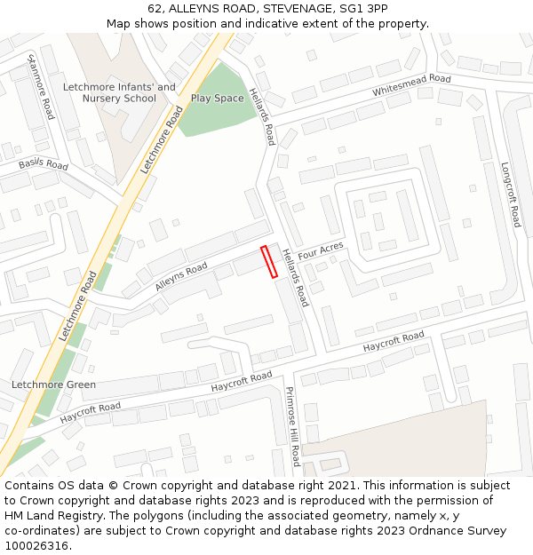 62, ALLEYNS ROAD, STEVENAGE, SG1 3PP: Location map and indicative extent of plot