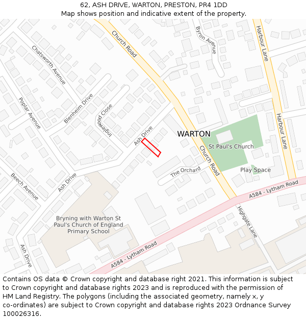 62, ASH DRIVE, WARTON, PRESTON, PR4 1DD: Location map and indicative extent of plot