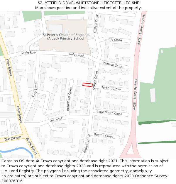 62, ATTFIELD DRIVE, WHETSTONE, LEICESTER, LE8 6NE: Location map and indicative extent of plot