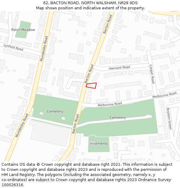 62, BACTON ROAD, NORTH WALSHAM, NR28 9DS: Location map and indicative extent of plot