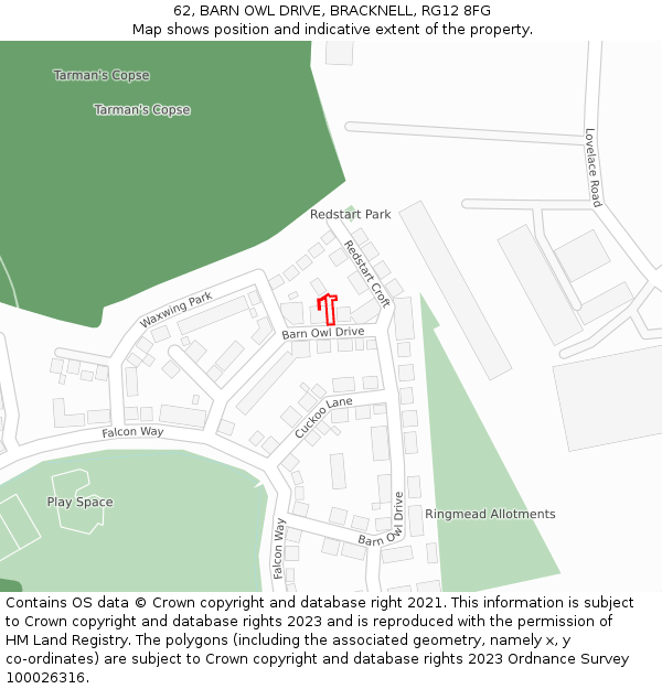 62, BARN OWL DRIVE, BRACKNELL, RG12 8FG: Location map and indicative extent of plot