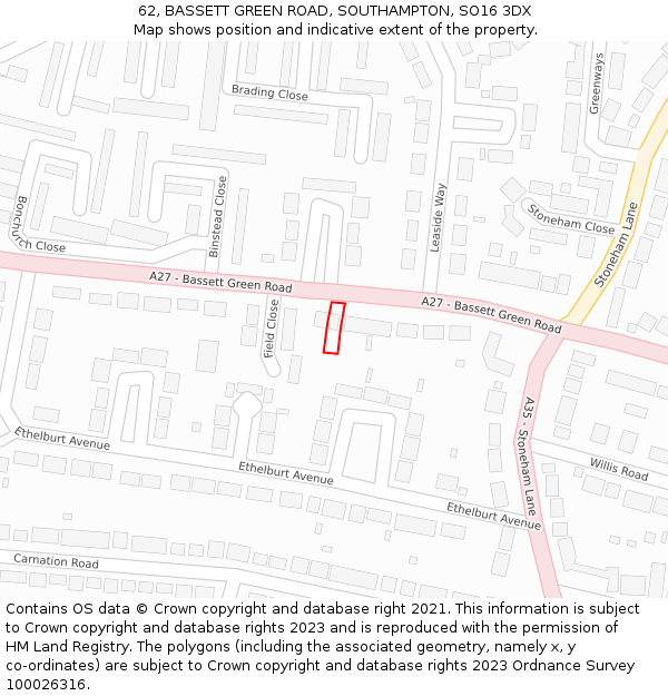 62, BASSETT GREEN ROAD, SOUTHAMPTON, SO16 3DX: Location map and indicative extent of plot