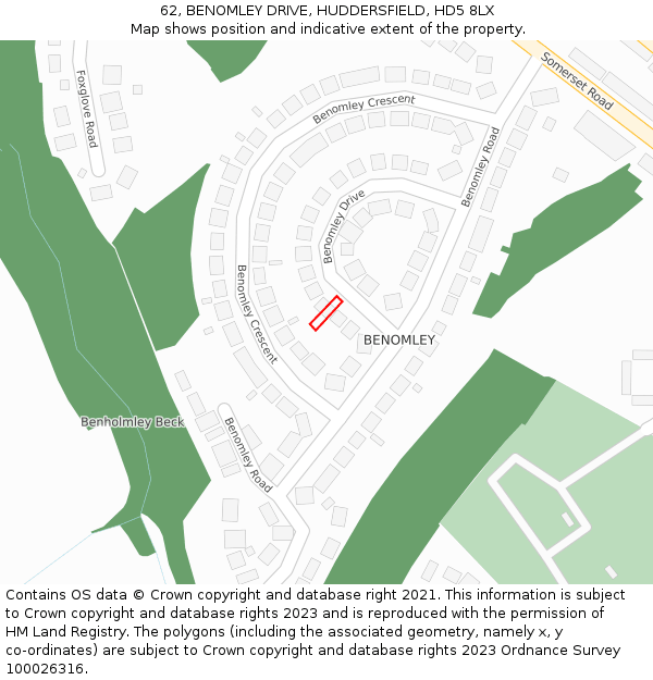 62, BENOMLEY DRIVE, HUDDERSFIELD, HD5 8LX: Location map and indicative extent of plot