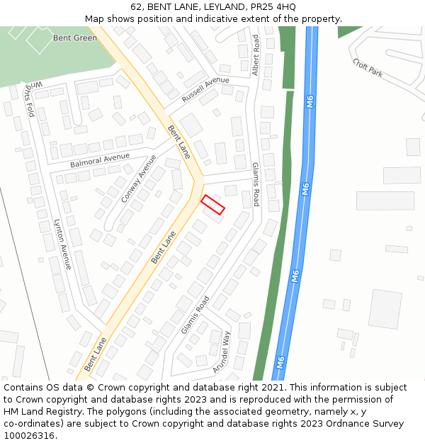 62, BENT LANE, LEYLAND, PR25 4HQ: Location map and indicative extent of plot