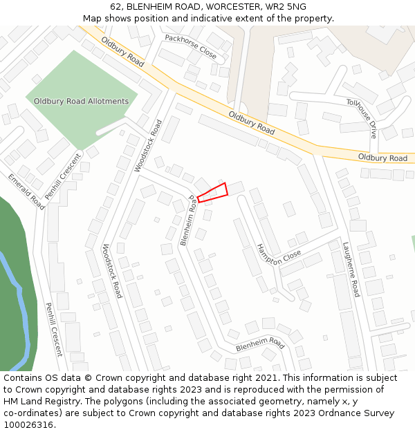 62, BLENHEIM ROAD, WORCESTER, WR2 5NG: Location map and indicative extent of plot
